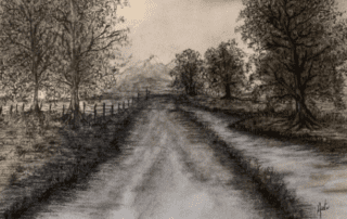 ink sketch of a road and trees