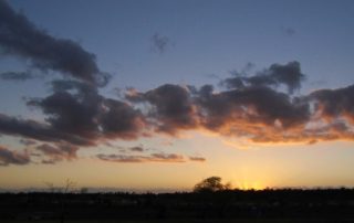 Sunset with an open field in the foreground. Dark clouds scatter across a gradient sky of blue and orange, creating a peaceful and serene atmosphere.