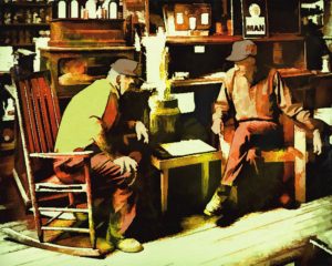 two older men playing checkers in an old 1920’s general store showing the power of play in building relationships