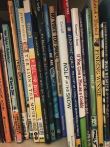 a close-up shot of about 20 picture books on a shelf