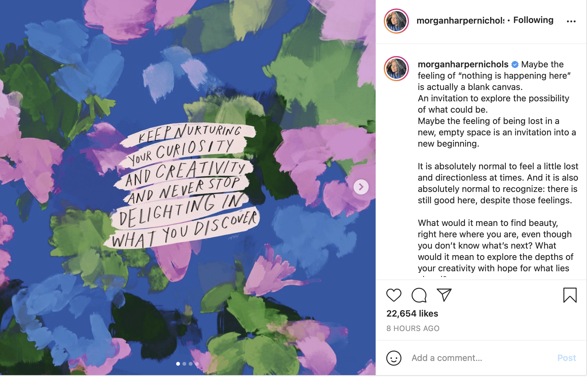 Instagram post from morganharpernichols with a poem on creativity-muse
