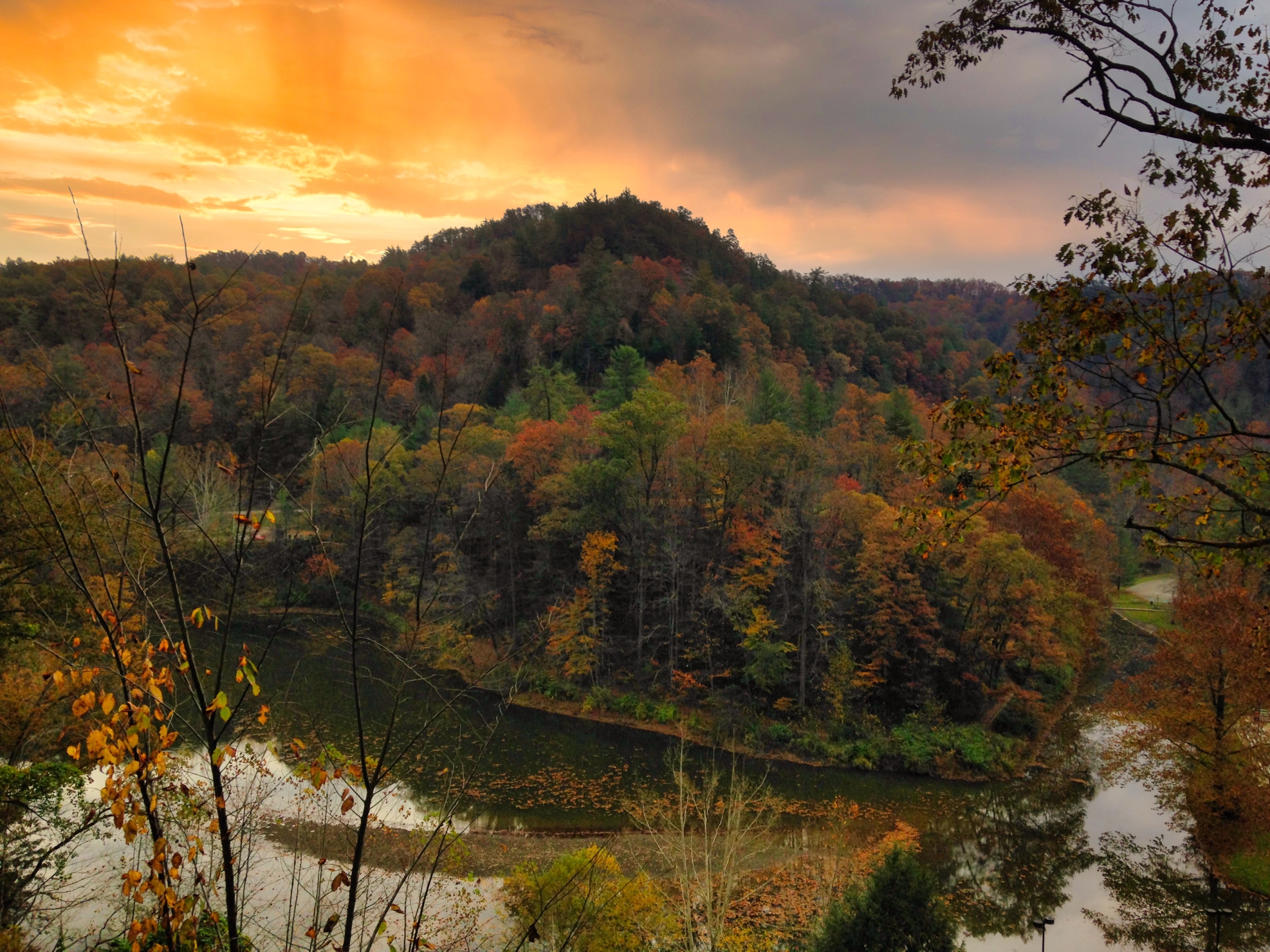 Green, orange, red, and yellow leaves of the trees on a mountain forest overlooking a lake with the reflection of the setting sun in the water