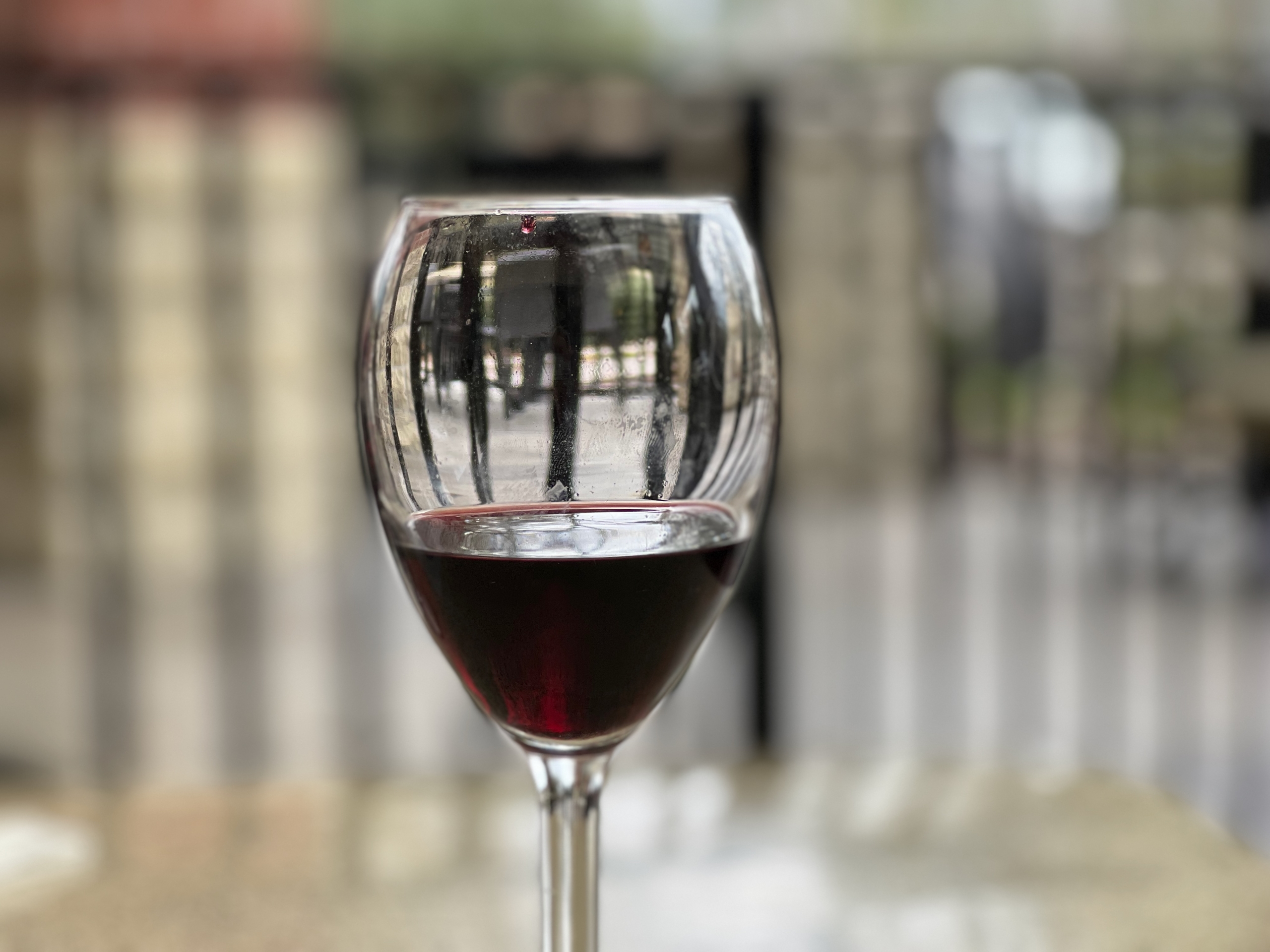A glass of red wine; he fence in the background blurred but clearly seen through the glass