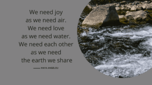 Quote by Maya Angelou of a grey background with black lettering:We need joy as we need air. We need love as we need water. We need each other as we need the earth we share. I photo of a mountain stream is on the right side in a circular frame