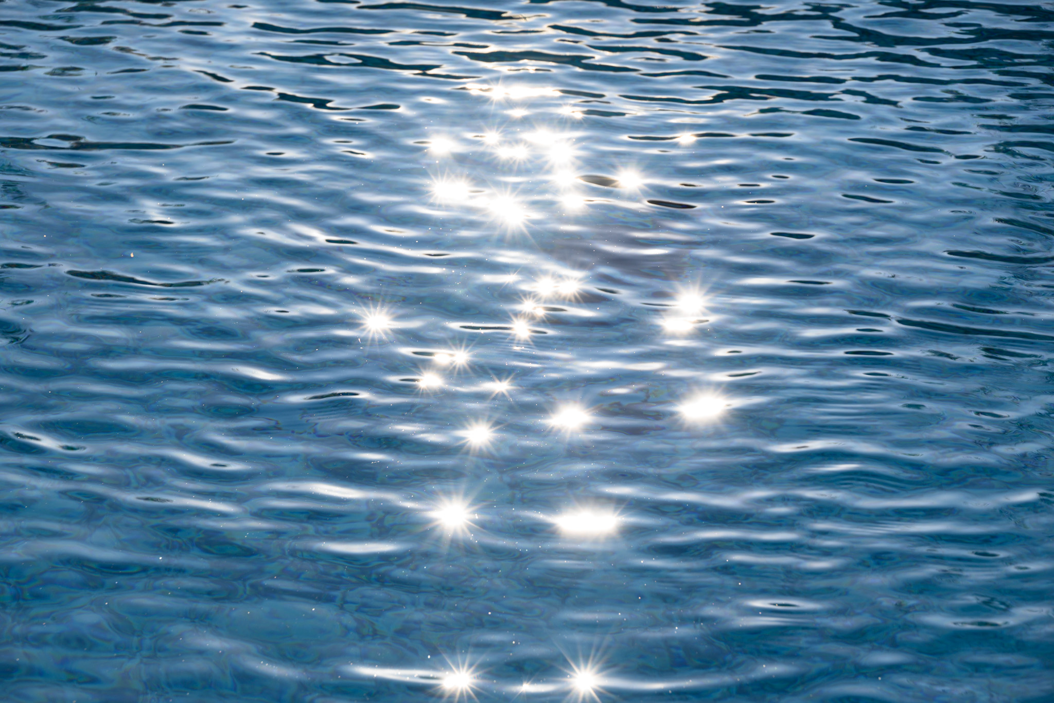 Sunlight glints across the blue water of a pool making multiple starbursts that appear to float in the air