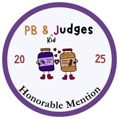 A whimsical badge featuring a grape jelly and peanut butter jar, labeled "PB & Kid Judges," with "Honorable Mention" text below.