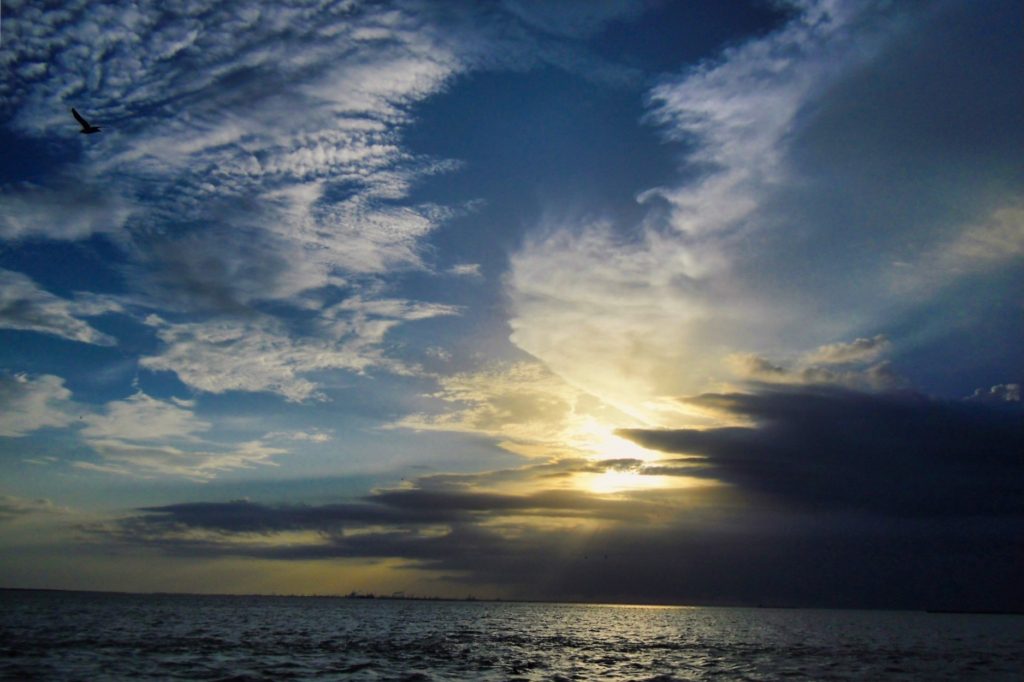 Ocean Sunset © Kathryn LeRoy: A stunning sunset over the ocean, with vibrant clouds and golden rays piercing through dark formations in the sky.