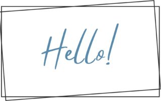 A white background featuring the word "Hello!" in a playful blue font, surrounded by two overlapping black frames.