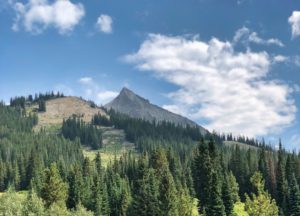 A serene mountain landscape with a pointed peak under a partly cloudy sky. Below, dense green pine forests cover the slopes, creating a tranquil scene.