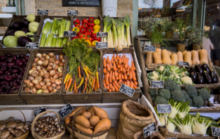 Outdoor market stand with organic vegetables including carrots, onions, celery, peppers, leeks, broccoli, sweet potatoes, and mushrooms.