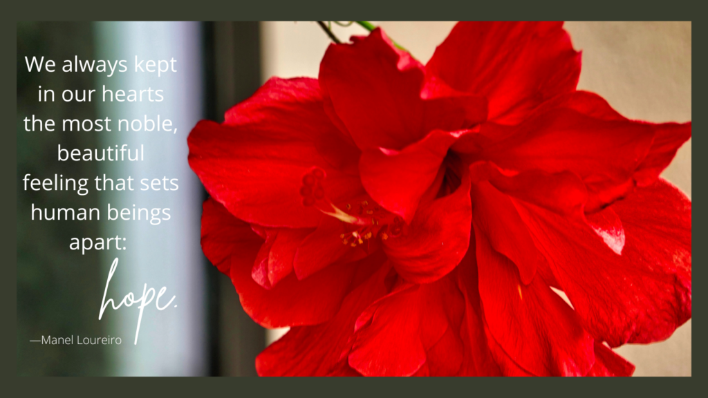 Vibrant red flowers fill the image beside an inspirational quote about hope, kindness, and the beautiful feelings that set us apart.