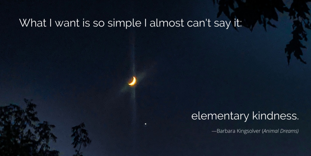 Night sky with a glowing crescent moon and dark tree silhouettes, overlaid with a quote about “elementary kindness,” creating a quiet, hopeful mood.